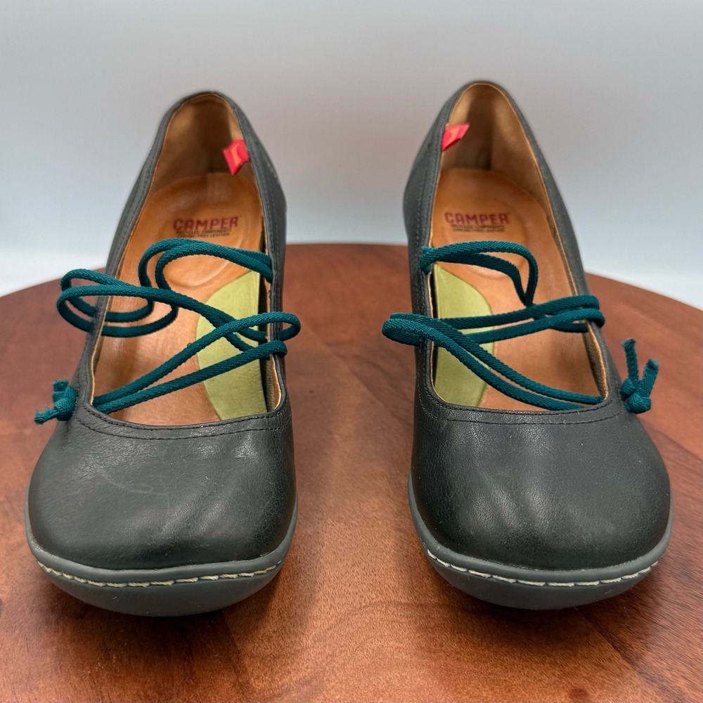 Camper‎ Beginner Heels Dark Gray Leather Elastic Mary Jane Pumps Womens 7 Twee - Picture 3 of 13